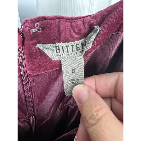 bitten by sarah jessica parker velvet maroon strapless knee length dress size 8 - Picture 3 of 7
